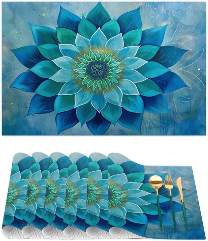 Teal Flower Mandala Placemats Set of 4 PVC Vinyl Non Slip Table Mats Waterproof Heat Resistant Place Mats Washable Wipeable Dining Table Mat for Kitchen Party Indoor Outdoor Decorative