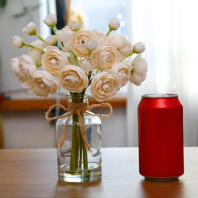 Ranunculus Artificial Flowers with Vase, 8 Pcs Faux Silk Ranunculus Flower in Vase, Small Flower Arrangements for Home Decor Indoor, Table Centerpiece. (Champagne)