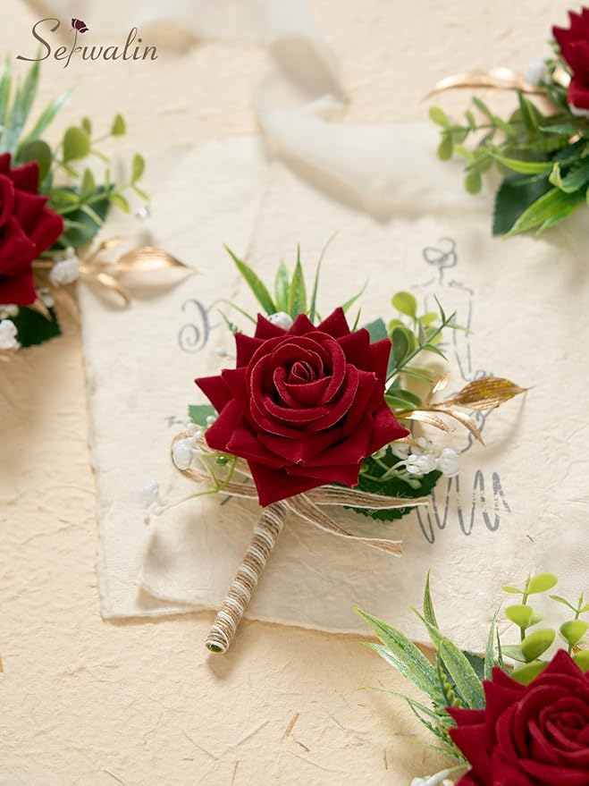 Serwalin 6PCS Red Rose Boutonniere for Men Wedding Groom Groomsmen Best Man Boutonniere for Wedding Ceremony Anniversary Prom Flowers Formal Dinner Party, Red