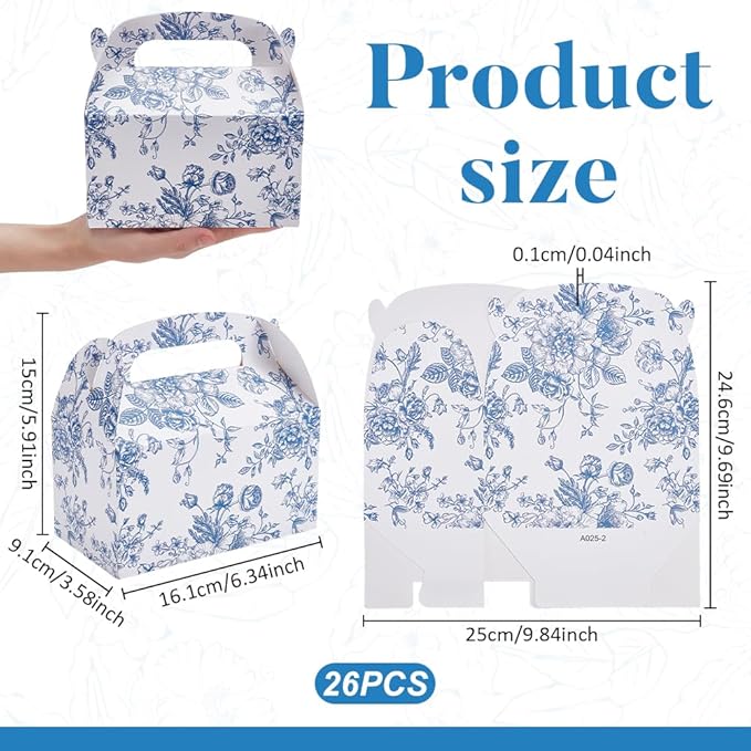 UNICRAFTALE 4pcs Blue Floral Party Gift Favor Boxes with Handles Flower Pattern Gable Box Chinoiserie Floral Printed Paper Candy Box for Wedding Birthday Tea Bridal Shower Party Supplies