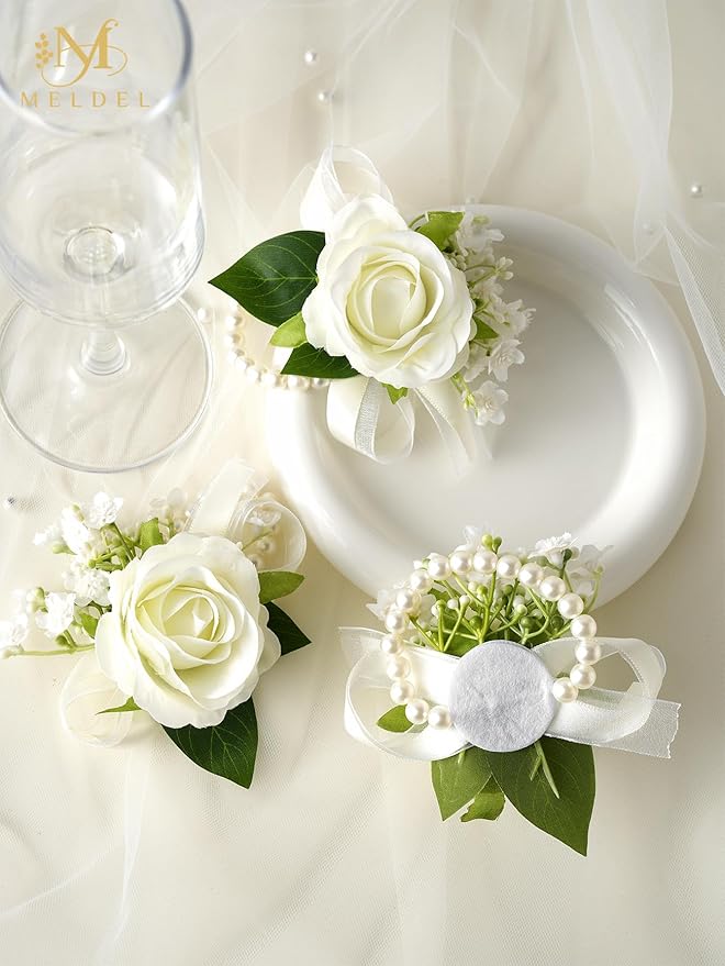 Meldel Wrist Corsage and Boutonniere Set(2pcs), Ivory White Artificial Silk Rose Pearls Bracelets Corsage for Bride, Groom Best Man Boutonniere Wedding Flower Accessories Prom Ceremony Party Decor