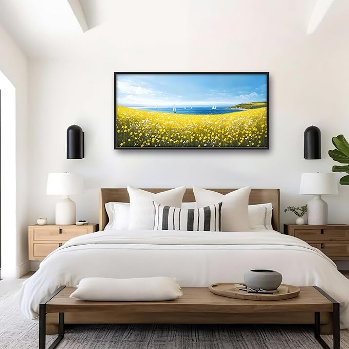 Coastal Flowers Large Wall Art Framed Wall Decor for Living Room Ocean Sailboat Pictures Oversized Canvas Print Painting Modern Extra Large Framed Artwork for Bedroom Office Home Decor 60"x30"