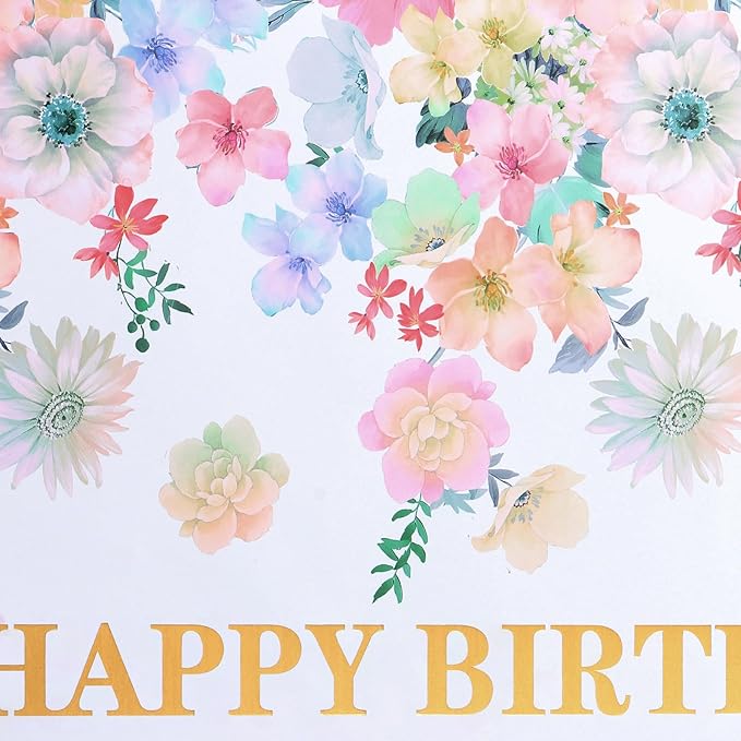 ASYEHJNR 13" Large Size Happy Birthday Gift Bag Floral Flower Pattern with Metallic Gold Happy Birthday Sign Vintage Gift Bag with Greeting Card and Tissue Paper for Girls Women