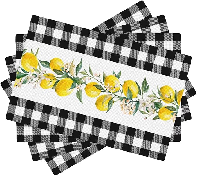 Lemon Linen Placemats Set of 4 Black White Buffalo Plaid Placemats for Indoor Outdoor Party Home Desktop Kitchen Dining Room Decor 12x18 Inch