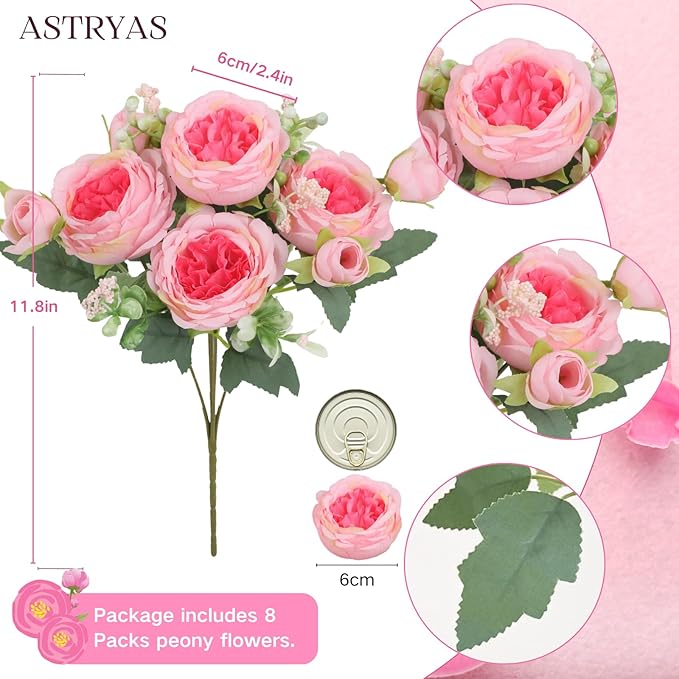 ASTRYAS 8Pcs Artificial Flowers, Artificial Peonies Silk Flowers Fake Peony Bouquet Faux Peonies Flowers Bulk for Decoration Vase Florals Arrangements Wedding Home Party Table - Pink