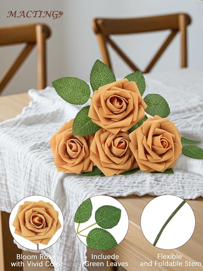 MACTING 30PCS Artificial Flower Roses Real Touch Fake Rose Flowers with Stem Foam Roses for DIY Wedding Bouquet Table Centerpieces Party Baby Shower Spring Home Valentines Day Decorations,Gold Yellow