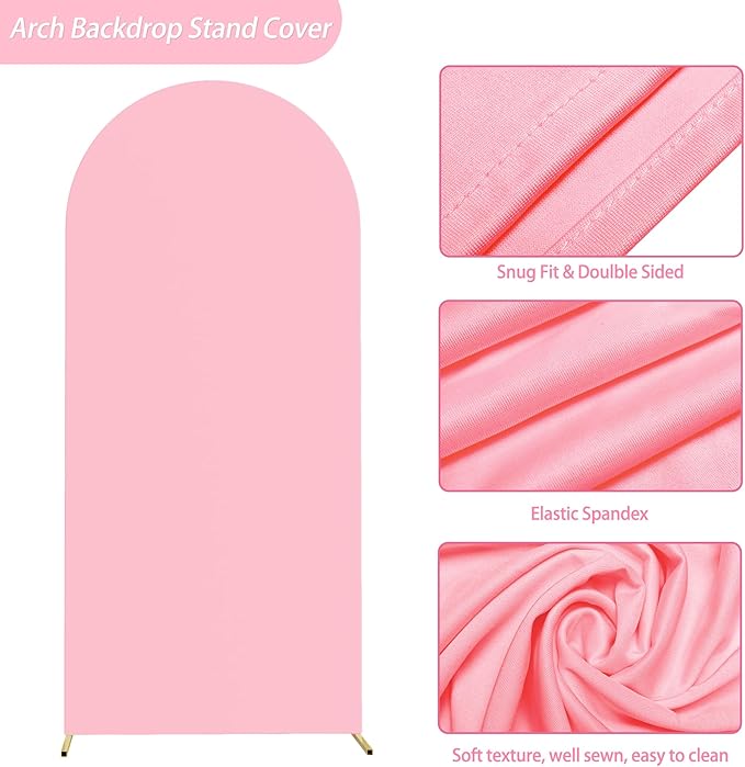 Putros 6ft Metal Arch Stand with Cover Pink Spandex Fitted Wedding Arch Cover and Round Top Chiara Backdrop Stand Set for Birthday Party Baby Shower Decoration