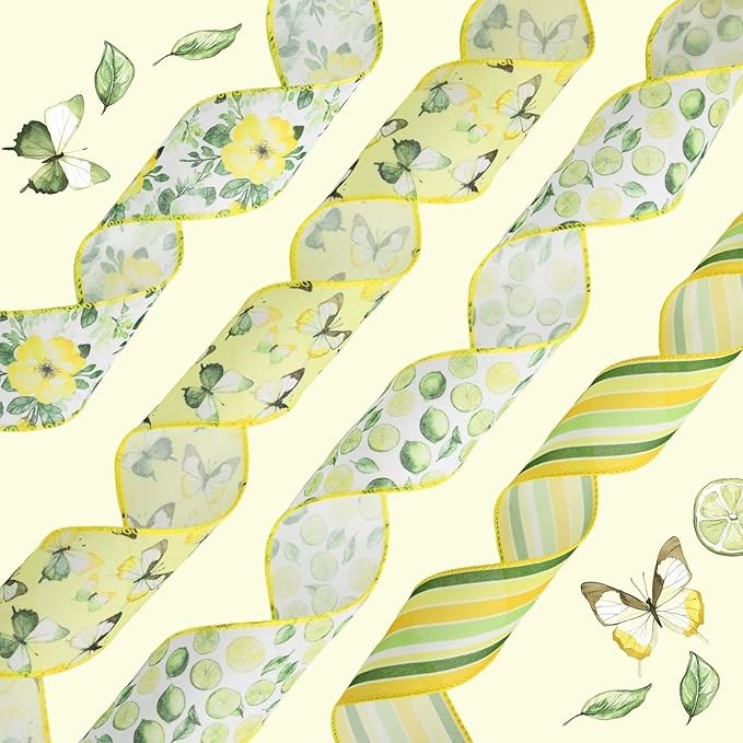 4 Rolls Floral Wired Edge Ribbon – Spring Summer Yellow Grosgrain with Butterfly, Lemon & Flower Motifs for Gift Wrapping, Wedding Decor, DIY Crafts (2.5 Inch, 5 Yards Each), Mother's Day Gift