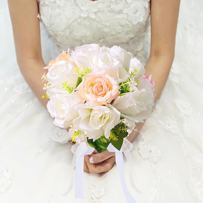 Wedding Bouquets for Bride - Realistic Silk Flowers Artificial Roses, 8 Inch Bridesmaid Bouquet for Ceremony, Church, Anniversary, and Home Decoration (White & Blush Champagne)