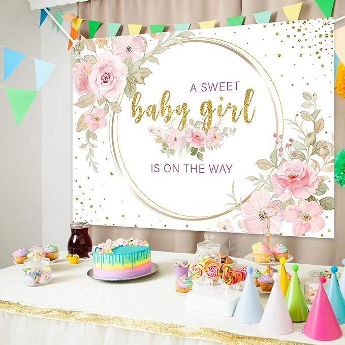 Sweet Baby Girl is On The Way Backdrop - 7x5ft Pink Floral Baby Shower Banner for Girl, Watercolor Gold Glitter Party Decorations, Gender Reveal Newborn Welcome Photo Booth Background