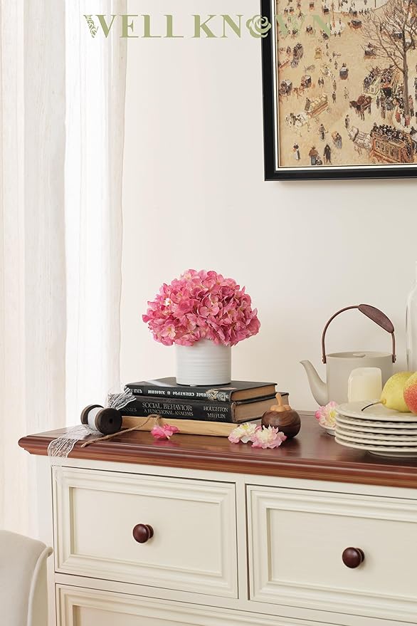 Hydrangea Fake Flowers in Vase, Artificial Flowers with Ceramic Vase Small Faux Potted Floral Arrangements for Bathroom Home Desk Kitchen Counter Vanity Shelf Coffee Table Centerpiece Decor (Hot Pink)