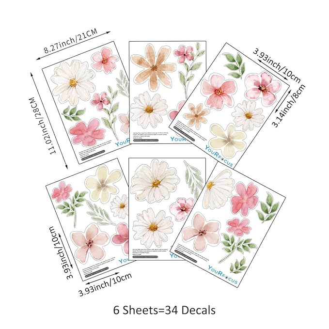 YouRfocus Daisy Watercolor Wall Decals | 34 PCS Boho Flower Stickers for Girls' Rooms, Playrooms, and Nurseries | Dual Layer Print for High Coverage | Removable Peel and Stick Wall Decor | 6 Sheets