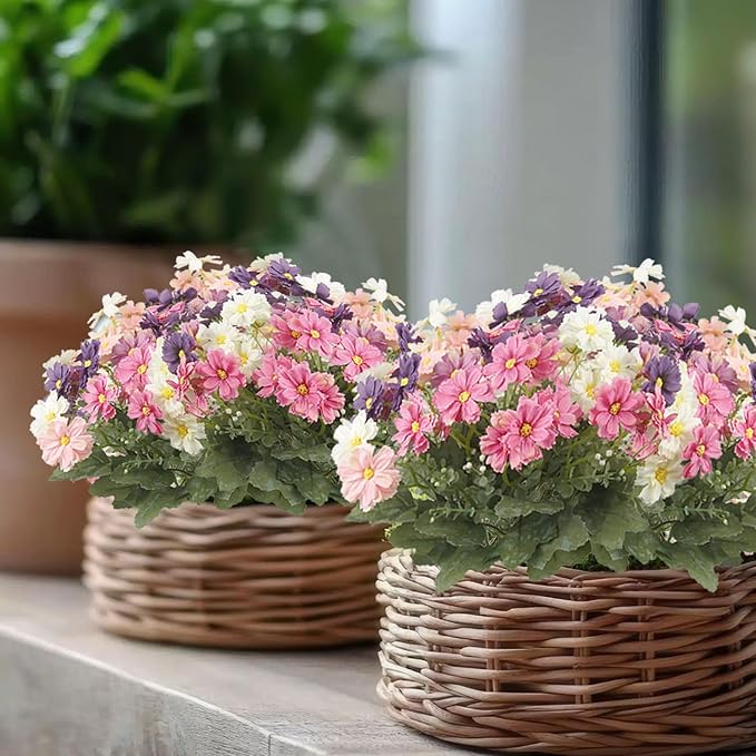 4 Pcs Artificial Daisy Flowers Outdoor UV Resistant Silk Flowers for Outside Pink Faux Daisy Bouquet Arrangement for Spring Summer Garden Porch Window Box Planter Front Door Patio Balcony Decor