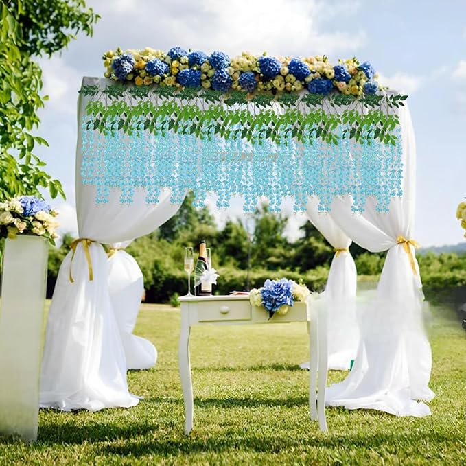 Artificial Wisteria Hanging Flowers Fake Wisteria Flower Garland Silk Vines Rattan Decor for Home Wedding Arch Wall Garden Greenery Bedroom Outdoor Office Party Decoration (12, Blue)