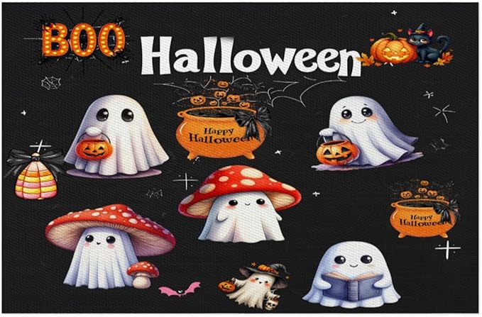 Halloween Ghosts Pumpkin Cute Placemats Set of 4 PVC Vinyl Non Slip Table Mats Heat Resistant Place Mats Washable Wipeable Dining Table Mat for Kitchen Decor Party Indoor Outdoor Decorative Gift