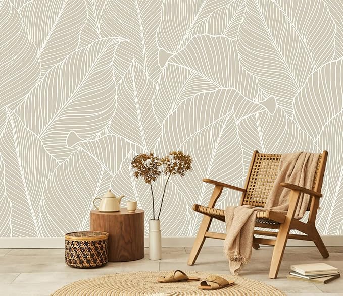 Tropical Palm Leaf Beige Wallpaper Peel and Stick Botanical Leaf Pattern Art Self Adhesive Wall Mural for Living Room Bedroom 82"x57"