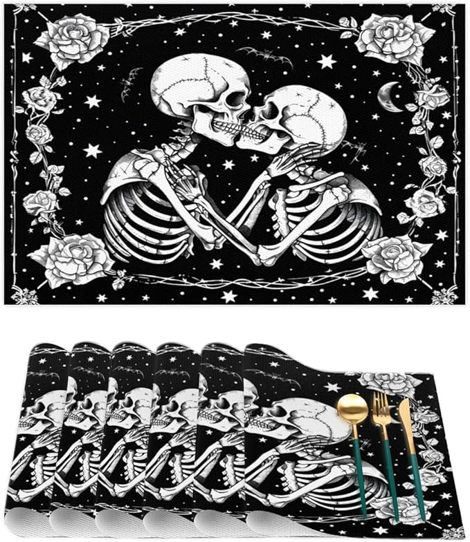Halloween Skull Goth Flower Placemats Set of 1 PVC Vinyl Non Slip Table Mats Heat Resistant Place Mats Washable Wipeable Dining Table Mat for Kitchen Decor Party Indoor Outdoor Decorative Gift