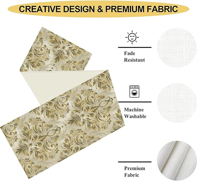 Damask Table Runner, Vintage Traditional Farmhouse Boho Floral Linen Coffee Table Center Decor for Family Kitchen Farmhouse Holiday Party Table Decorations Indoor Outdoor 13x72 inch