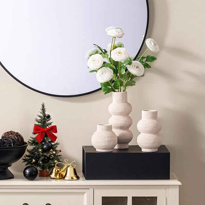 Ceramic Vase Home Table Decor - White Flower Vase Set of 3 Living Room Kitchen Decorations Farmhouse Modern Rustic Vases Decorative Centerpiece for Shelf Bedroom Office Bathroom Dining Coffee Desk