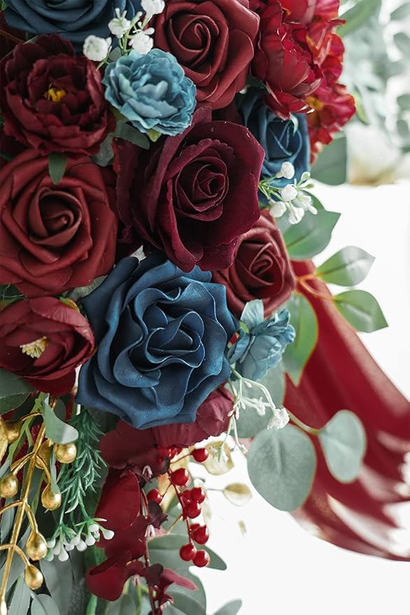 ponatia Artificial Wedding Arch Flowers Kit(Pack of 3), Burgundy Flowers with 26Ft Shiny Arch Draping Fabric, Navy Arch Flowers for Wedding Decoration, Wedding Ceremony Reception Backdrop Decorations