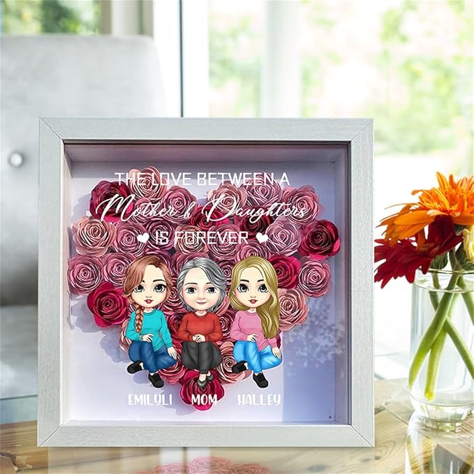 Personalized Mom Flower Shadow Box Custom Heart Shaped Rose Flower Shadow Box Frame Everything We Are Is Because Of You Mother's Day Portrait Shadowbox Memory Gifts for Mom from Daughter