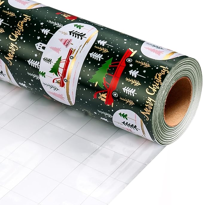 MAYPLUSS Green Christmas Wrapping Paper - 17In x 33 Feet - Truck, Christmas Tree Xmas Gift Wrapping, Gold Foil Wrapping Paper for Holiday, Party, Birthday New Year Gift Wrapping Paper,Mini Roll
