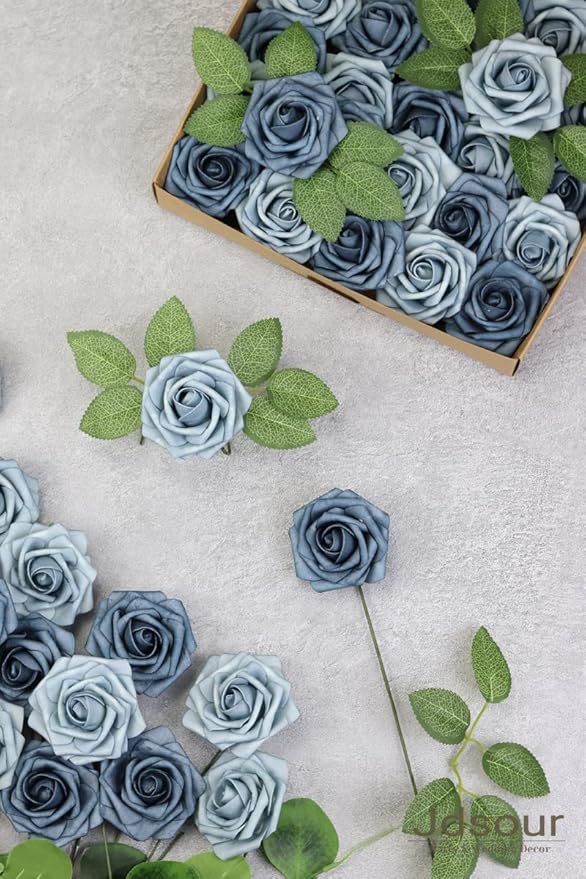 50pcs Artificial Flower，Real Touch Foam Roses w/Stem DIY for Wedding Bouquet Centerpieces Party Shower Home Decor-Dusty Blue Shades