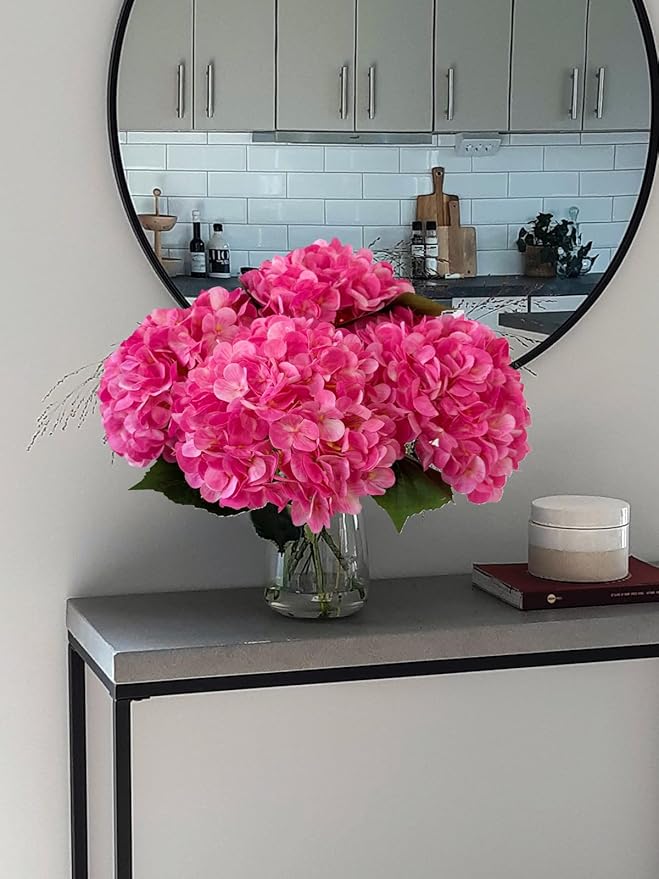 YalzoneMet 4Pcs Magenta Silk Hydrangea Artificial Flower Rose Red Lifelike Big Blooms 20'' Long Stem Faux Hydrangea Flower Bouquets for Home Party Indoor Outdoor Wedding Table Centerpiece Decor
