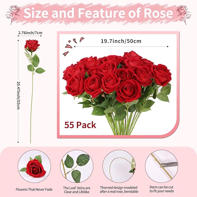 52 PCS Red Roses Artificial Flowers, Fake Red Rose Bouquet, Artificial Silk Red Roses with Stems for Wedding Flowers Decoration, Valentines Day Mothers Day, Bridal Bouquet Roses