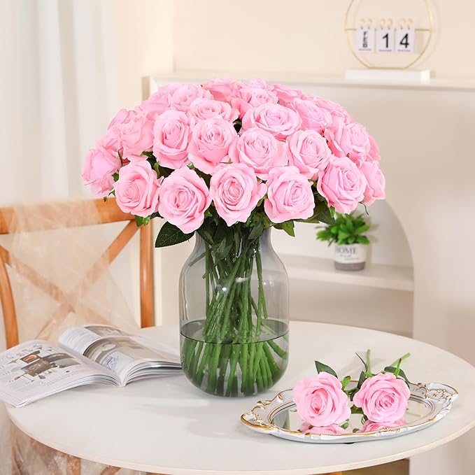 Nubry 50pcs Artificial Silk Roses Bulk,Fake Roses Flower with Stems Realistic Flowers for Wedding Centerpiece Home Party Decor(Pink)