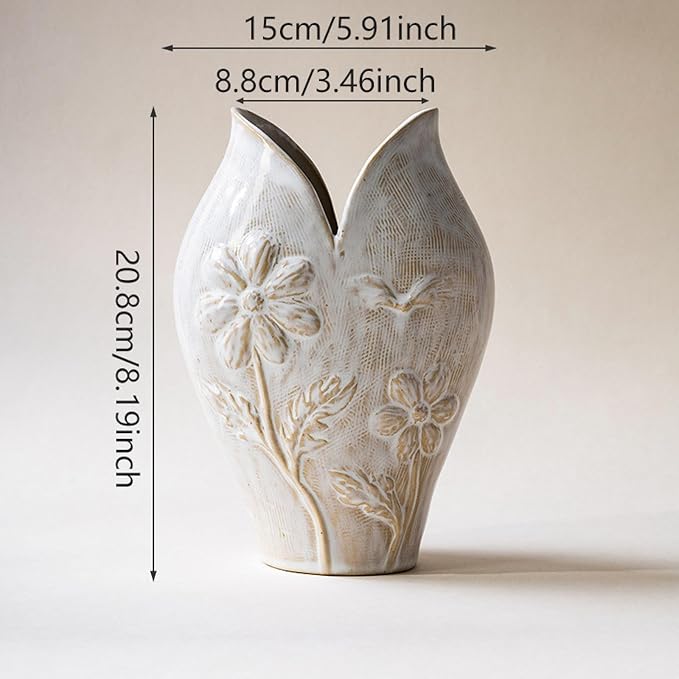 Wabi-Sabi Ceramic Vase, Nordic Minimalist Handmade Pottery for Fresh & Dried Flowers, Retro Glazed Decorative Centerpiece, Gift Box Packaging, 26cm Height