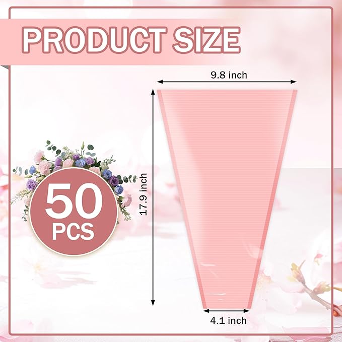 XABMU Pink Flower Bouquet Bags - 50 Pack Pink & Clear Floral Wrapping Sleeves for Wedding, Graduation, Mother’s Day Gifting & Florist Supplies