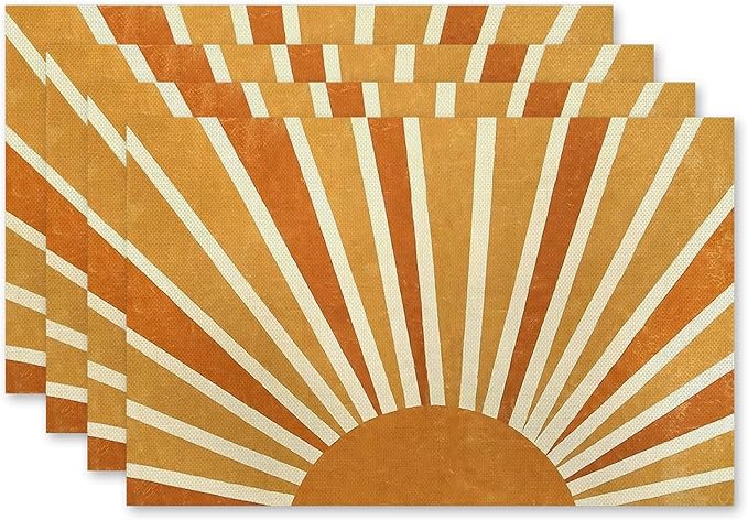 Boho Placemats Set of 4, 70s Retro Boho Neutral Sun Sunshine Placemats, Boho Mid Century Modern Table Mats Place Mats for Kitchen Dining Table Decoration 16.9x11.4 Inch