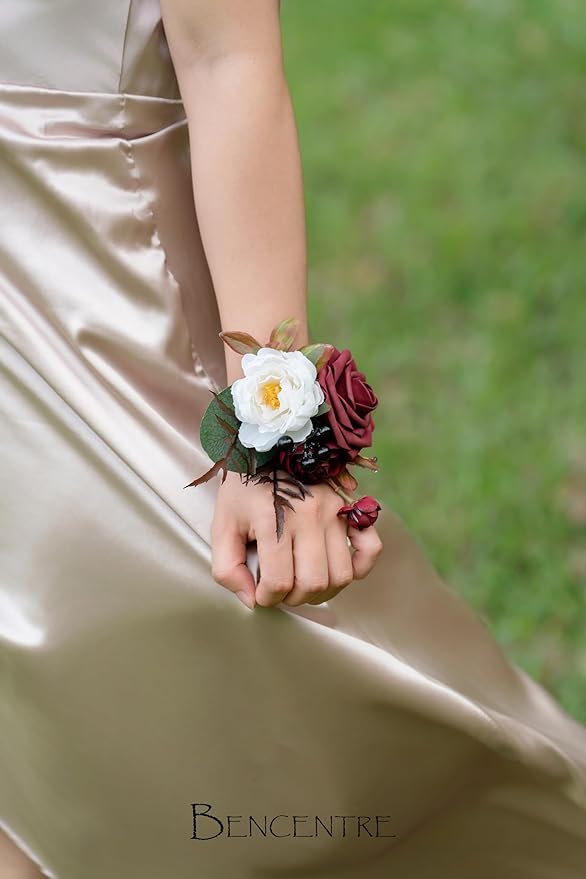 Burgundy Corsage for Wedding(Set of 6),Wrist Corsage,Corsage for Prom,Party Prom Hand Flower Decor,Bridesmaid Wrist Corsage,Vintage Wedding,Gothic Wedding,Artificial Flowers