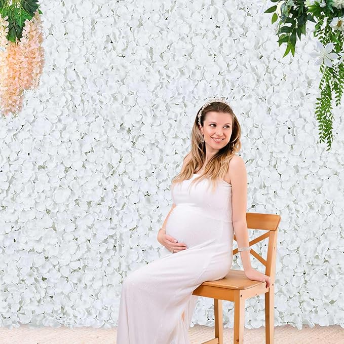 White Flower Wall Panels Backdrop: Wedding Artificial Flower Wall Backdrop 5ft by 7.5ft Hydrangea Floral Wall for Wedding Anniversary Party Decoration (24 Pcs 15 x 15 Inch)