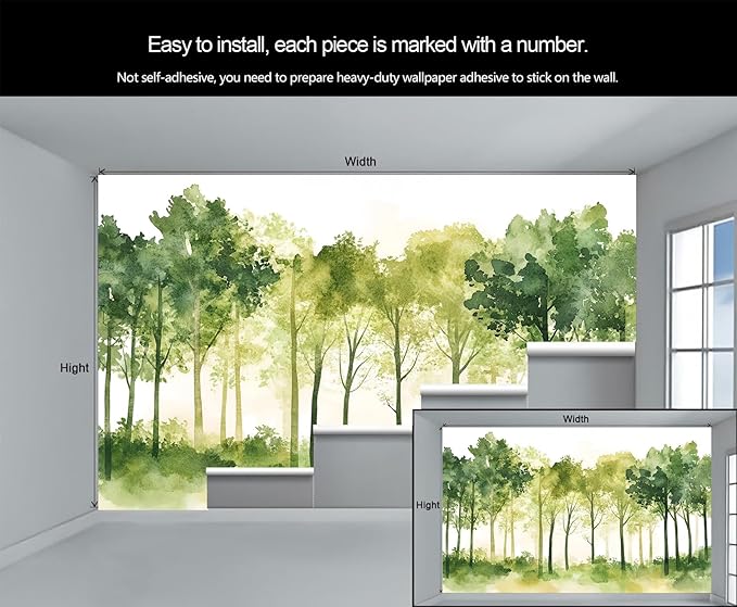 Watercolor Forest Wall Mural, Minimalist Forest Scene 3D Wall Murals, Nordic Nature Wallpaper Mural, for Living Room Bedroom Large Wallpaper Indoor Decor 157.5" W x110.3 H