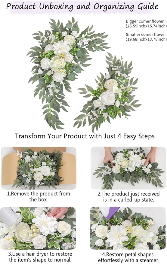 Wedding Welcome Signs Floral(Pack of 2)，Wedding Arch Flowers for Wedding Decorations and Reception Backdrop Decoration (New White)