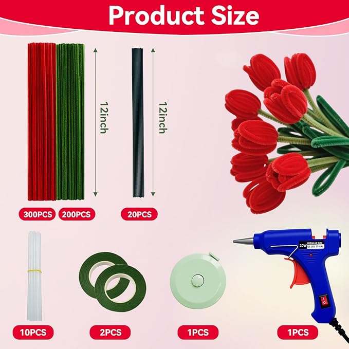 500 Pcs Pipe Cleaners for Crafts – 2 Colors Chenille Stems with Glue Guns & Tape Measure – Perfect for DIY Projects, Holiday & Room Decorations, Arts and Crafts Activities (Red, 12in x 8mm)