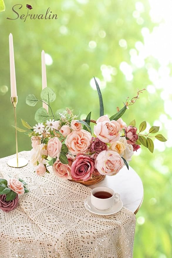 Serwalin 2 Pcs Artificial Flowers Pink Wedding Cake Flowers, Fake Dusty Roses Peonies for Bouquets Table Centerpieces Wedding Home Decor, Baby Shower Party Flowers with Stems DIY Combo
