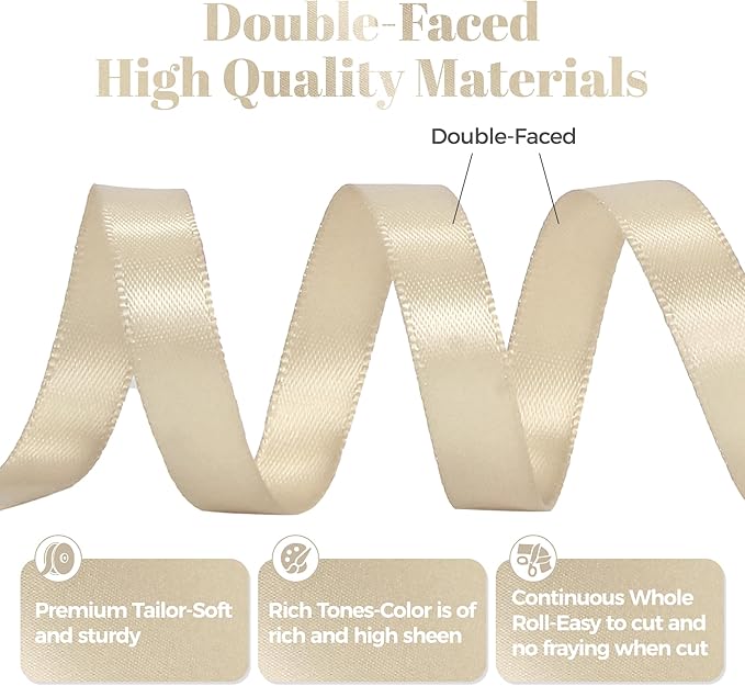 Beige Satin Ribbon, Double Faced 3/8 Inch X 25 Yards Beige Ribbon, Premium Satin Ribbon for Gift Wrapping, Crafts, Hair Bow Making, Sewing, Flower Bouquet, Wedding Party Decor