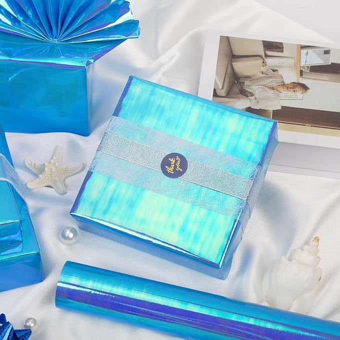 Yarcony Metallic Iridescent Wrapping Paper - 17Inch x 33Feet - Blue Iridescence Holographic Pattern Boy Fairy Gift Wrap Present Paper for Birthday Wedding Bridal Shower Valentine's Day Mother's Day