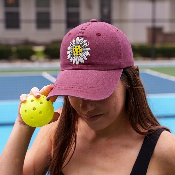 Waldeal Pickleball Hat for Women, Ajustable Embroidered Daisy Washed Denim Baseball Cap