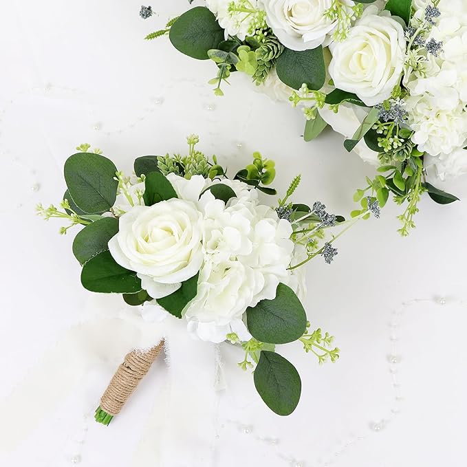 Set of 2 Bridesmaid Bouquets for Wedding - Silk Artificial Ivory Bridesmaid Flowers, Pre-Made Roses Sage Green Boho Bridal Floral for Bride Party Ceremony Anniversary Decoration - 9inch