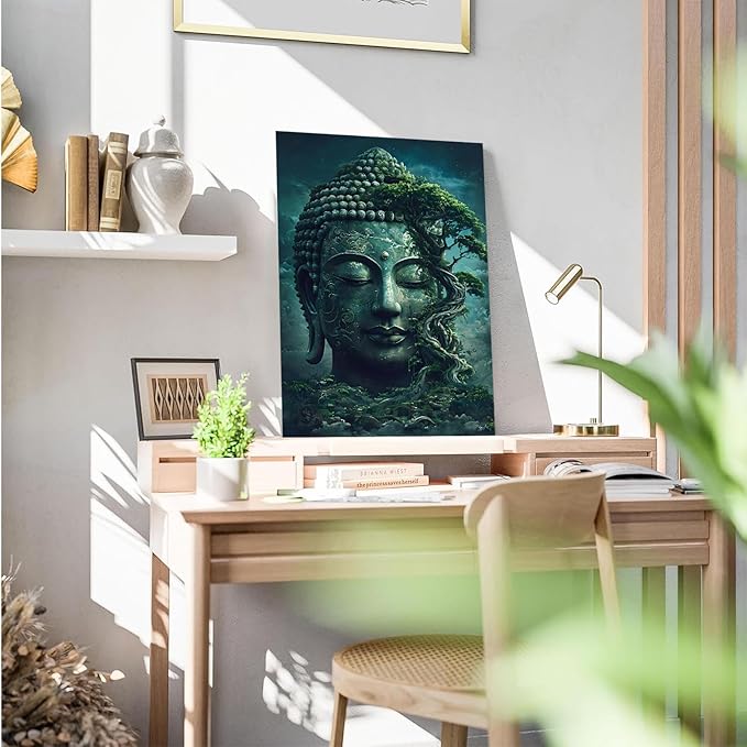 Buddha statue wall art canvas wall decor aesthetic picture mystical nature art for tranquil home and spiritual space 16x24in Frameless