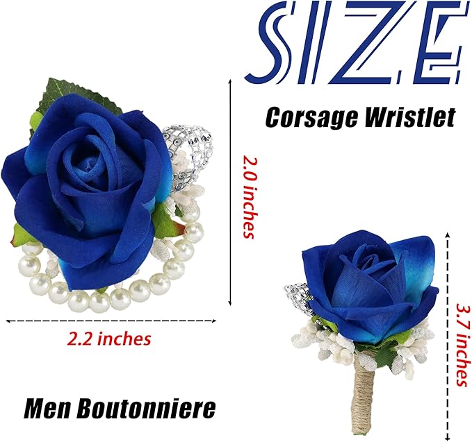 SITUMEIZI 2Pcs Blue Corsage and Boutonniere Set,Corsage Wristlet for Prom Decor,Boutonniere for Men Wedding Flowers Accessories Party Suit Decoration(Athens Blue)