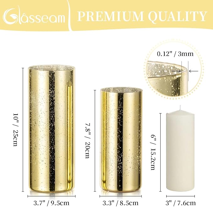 Glasseam Gold Cylinder Vases for Centerpieces: 12 Modern Mercury Hurricane Glass Vase Set for Flowers - Decorative Golden Pillar Candle Holders for Wedding Party Dining Room Table Decor