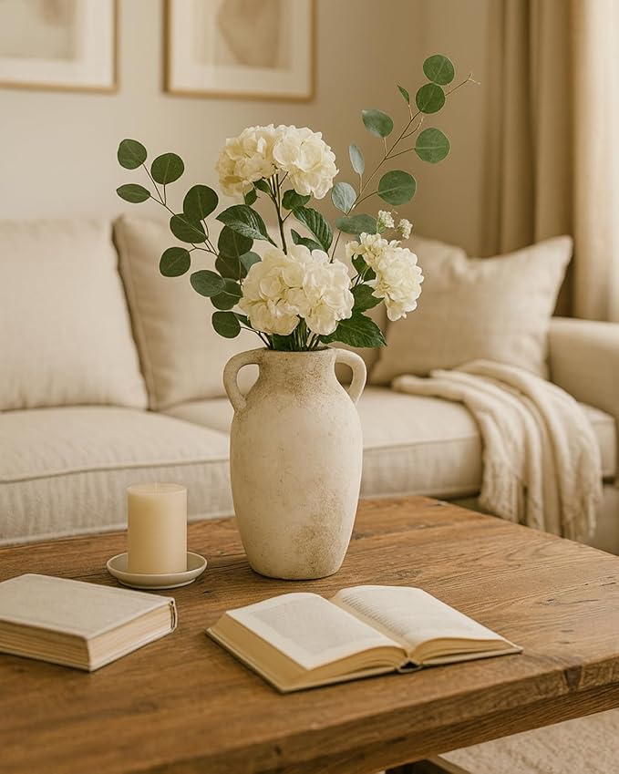 Ceramic Flower Vase Home Decor – 9.8 Inch Pottery Rustic Farmhouse Decorative Vase with Handles for Table Centerpiece, Shelf & Mantel, Beige