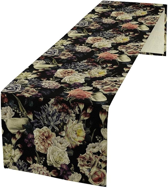 Vintage Flowers Table Runner,Black Rose Peony Gothic Floral Spring Summer Seasonal Table Runner for Home Kitchen Table Dining Indoor Outdoor Party Decor 13x120 Inch