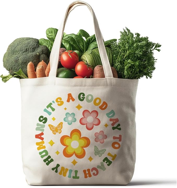 ANATTASOUL Canvas Tote Bag Boho Letter Reusable Cotton Bag for Women, Durable Cloth Shoulder Bags with Zipper Pockets for Shopping, Vacation, Work, Gym