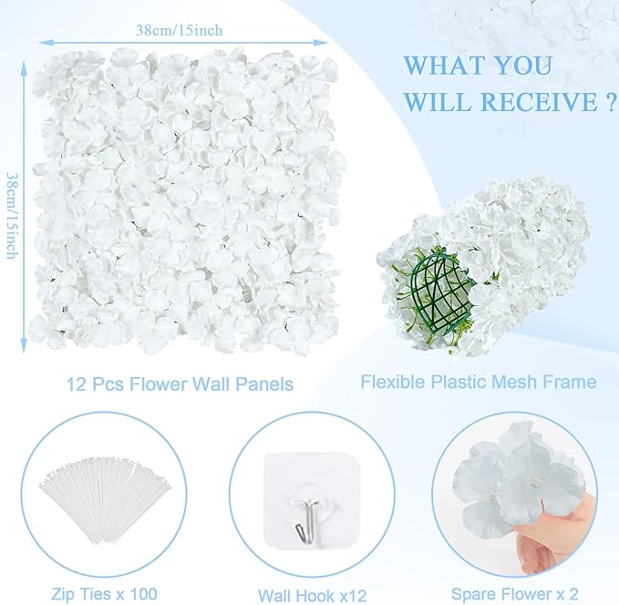 Flower Wall Panels White Backdrop: Artificial Flower Wall Backdrop 3.75ft by 5ft Hydrangea Floral Wall for Wedding Party Christmas Decoration (12 Pcs 15 x 15 Inch)